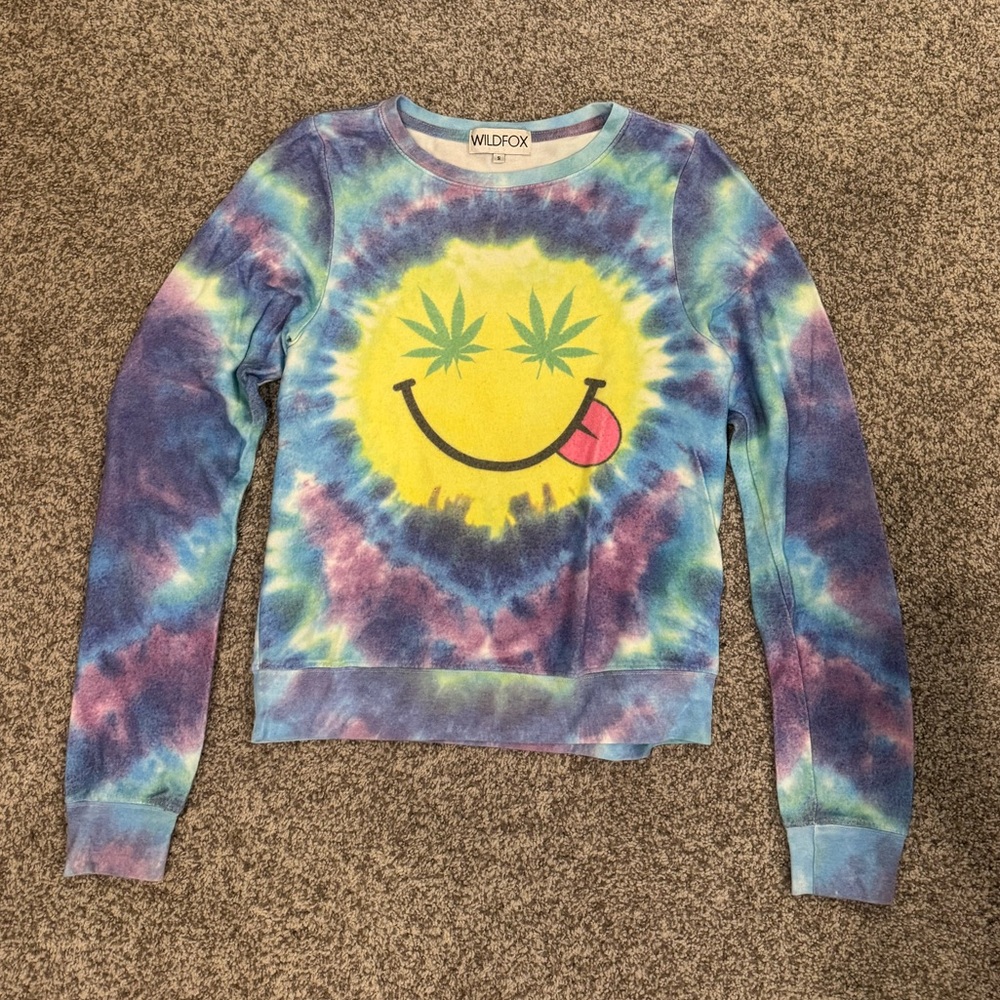 Wildfox multi-colored tie-dye smiley face pullover sweatshirt